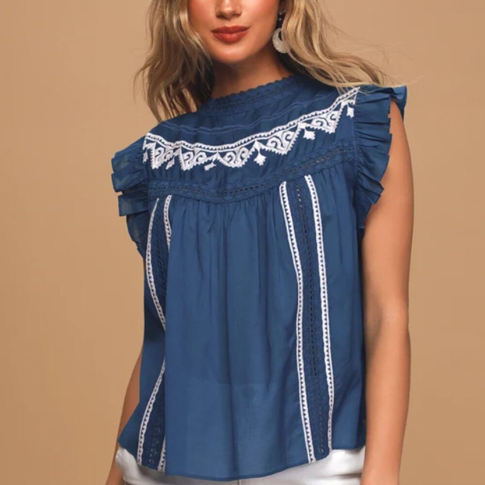 Lulus Blouse Delight the Senses Blue Embroidered Lace Ruffle Size M